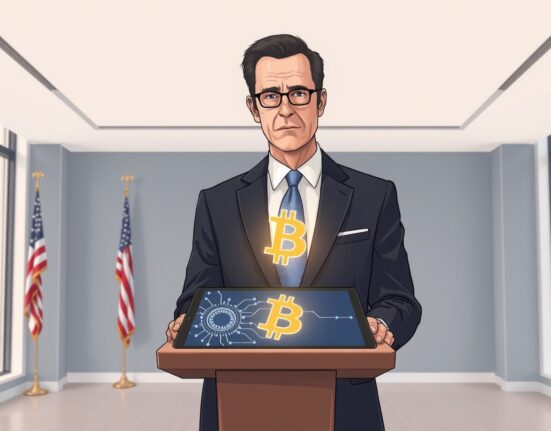 US CFTC Chairman Michael Selig stands at a podium with a tablet displaying AI and cryptocurrency symbols, representing the agency's use of AI for crypto registration reviews.