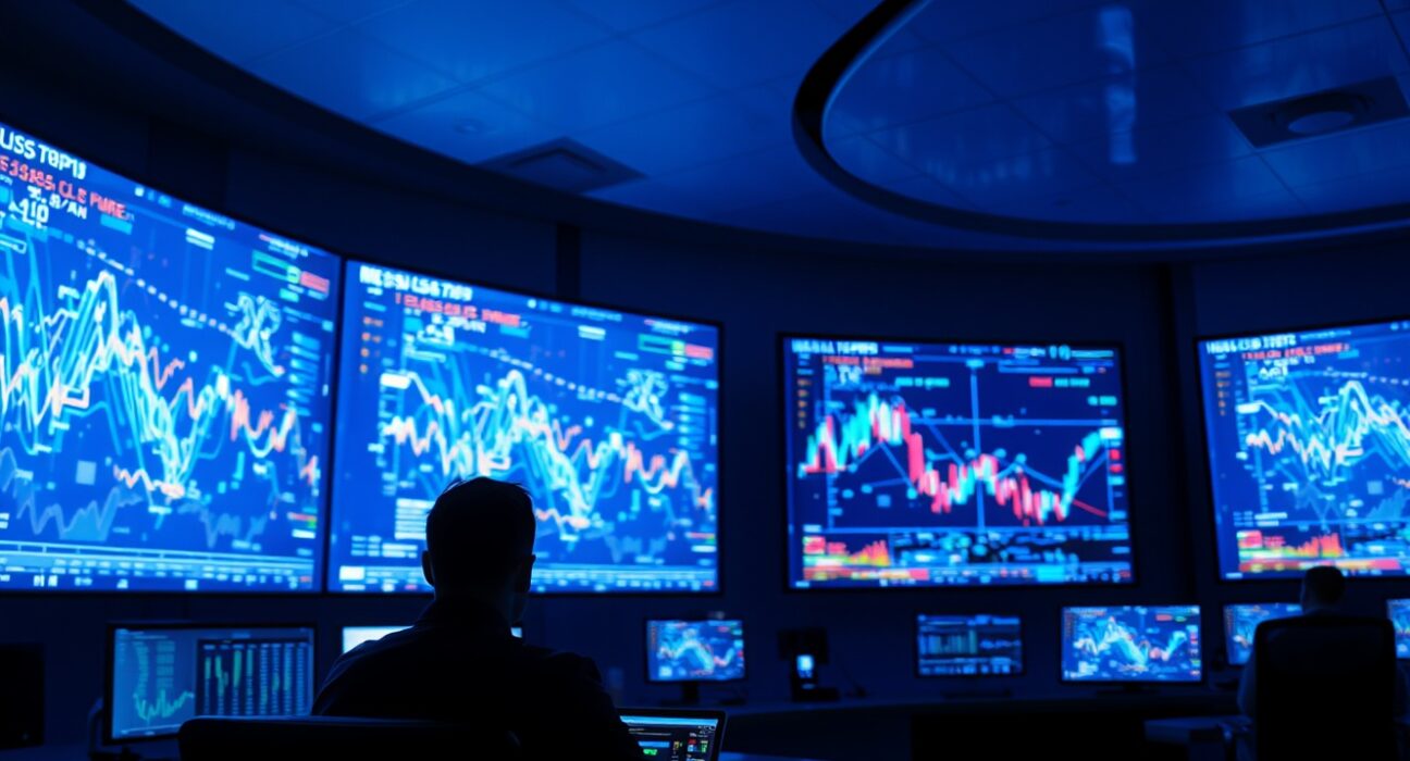 CFTC regulator monitoring AI-driven cryptocurrency market surveillance screens in a control room.