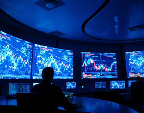 CFTC regulator monitoring AI-driven cryptocurrency market surveillance screens in a control room.