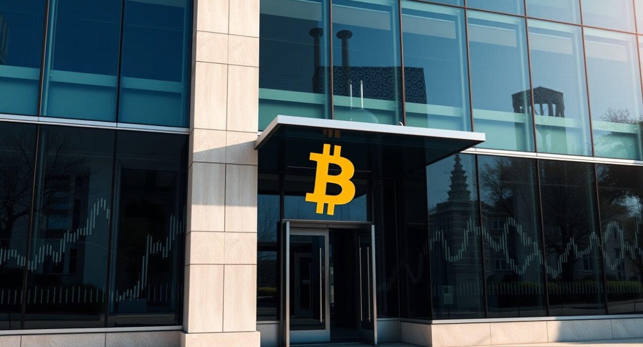 Exterior of a Washington D.C. government building with Bitcoin and financial chart reflections