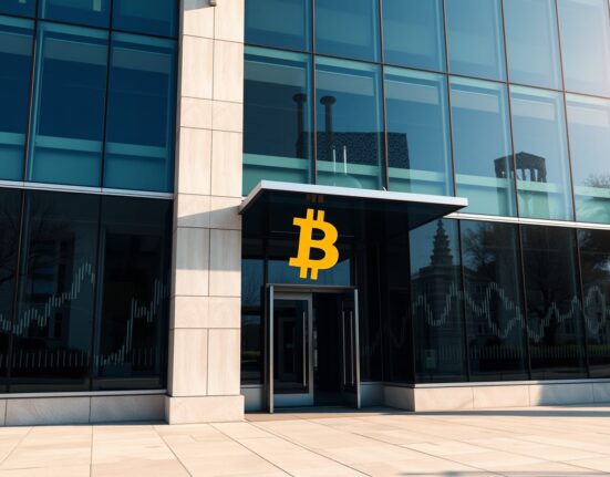 Exterior of a Washington D.C. government building with Bitcoin and financial chart reflections