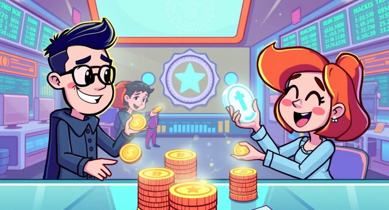 A vibrant cartoon scene symbolizing the CFTC's approval for regulated spot crypto trading on official exchanges.