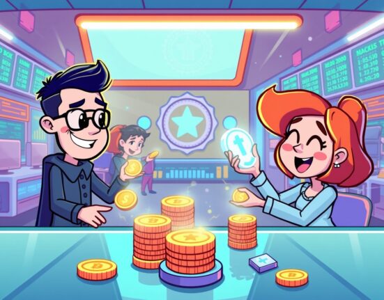 A vibrant cartoon scene symbolizing the CFTC's approval for regulated spot crypto trading on official exchanges.