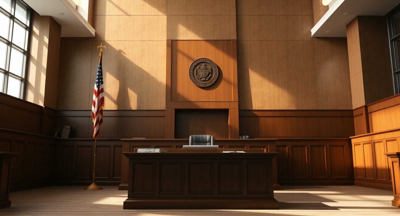 Interior of a courtroom in Ohio with judge's bench and legal documents, representing the CFTC's legal backing of Kalshi.