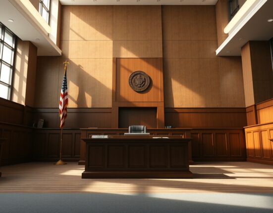 Interior of a courtroom in Ohio with judge's bench and legal documents, representing the CFTC's legal backing of Kalshi.