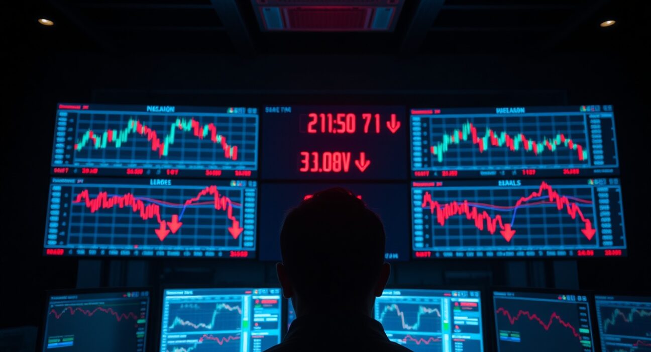 Trading desk monitors showing bearish currency charts and red downward indicators