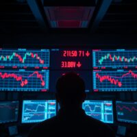 Trading desk monitors showing bearish currency charts and red downward indicators