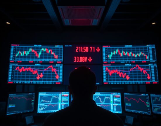 Trading desk monitors showing bearish currency charts and red downward indicators