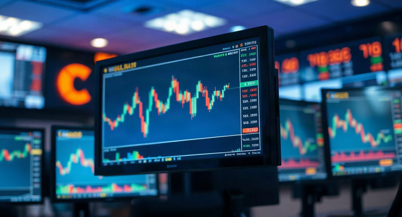 Trading desk with monitors showing gold price and CAD charts, illustrating CFTC positioning report