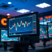 Trading desk with monitors showing gold price and CAD charts, illustrating CFTC positioning report