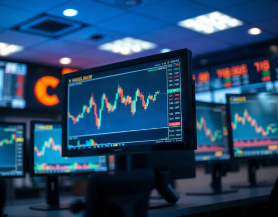 Trading desk with monitors showing gold price and CAD charts, illustrating CFTC positioning report