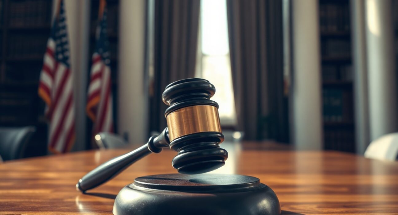 A judge's gavel on a wooden desk in a courtroom, symbolizing legal action and regulatory decisions.