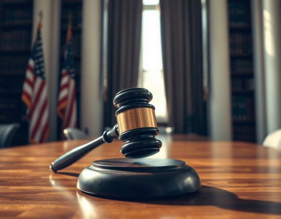 A judge's gavel on a wooden desk in a courtroom, symbolizing legal action and regulatory decisions.
