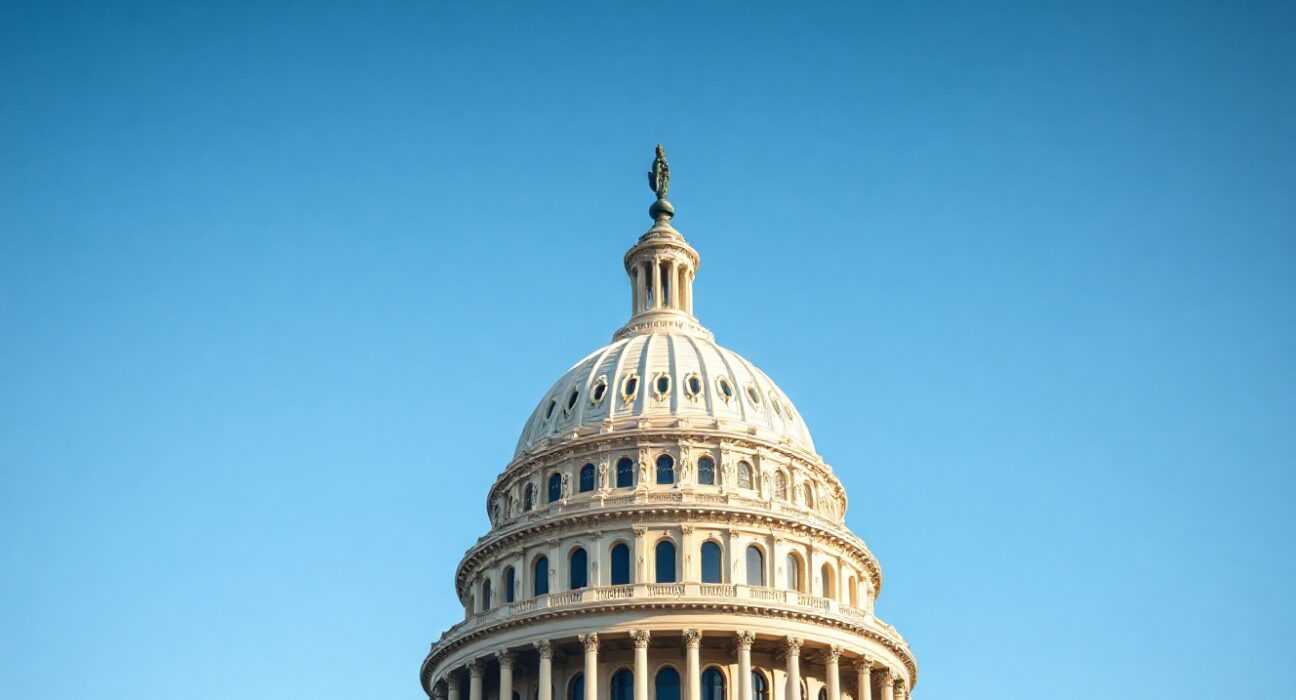 U.S. Capitol building under a clear blue sky, representing legislative action on crypto regulation.