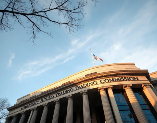 U.S. CFTC headquarters building in Washington, D.C., under clear skies.