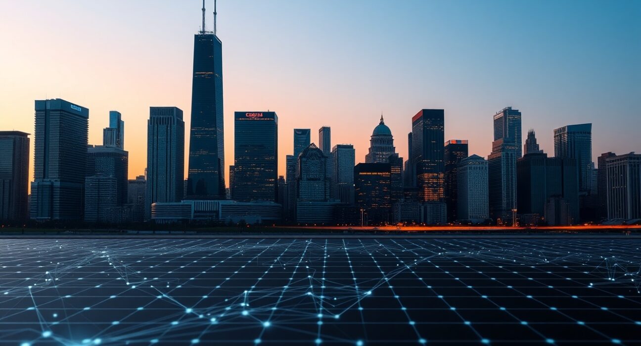 Chicago skyline at dusk with digital blockchain overlay symbolizing crypto regulation debate