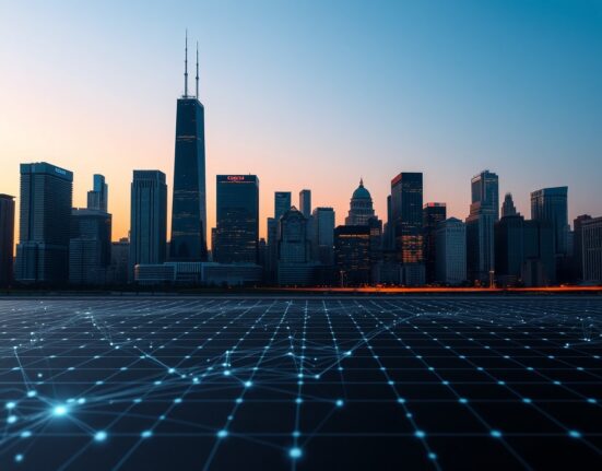 Chicago skyline at dusk with digital blockchain overlay symbolizing crypto regulation debate