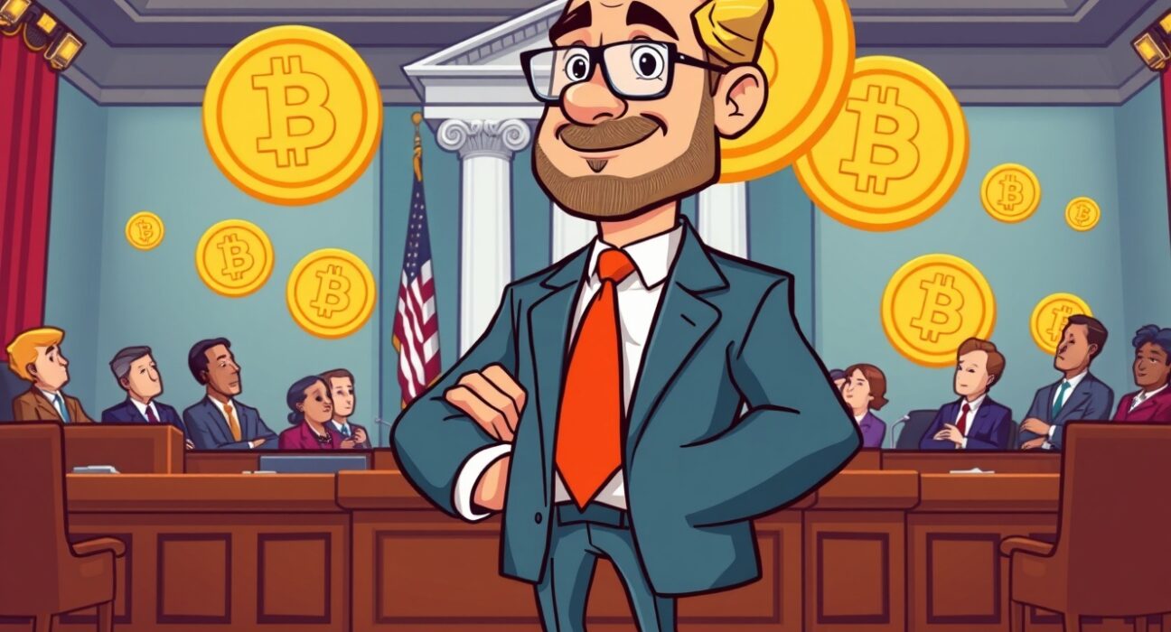 CFTC chairman nominee confirmation hearing cartoon illustration with cryptocurrency regulation theme