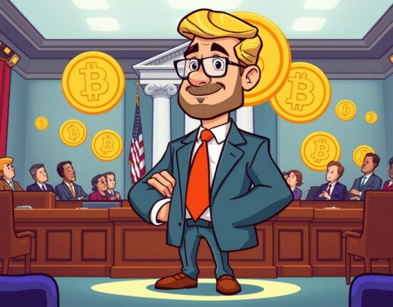 CFTC chairman nominee confirmation hearing cartoon illustration with cryptocurrency regulation theme