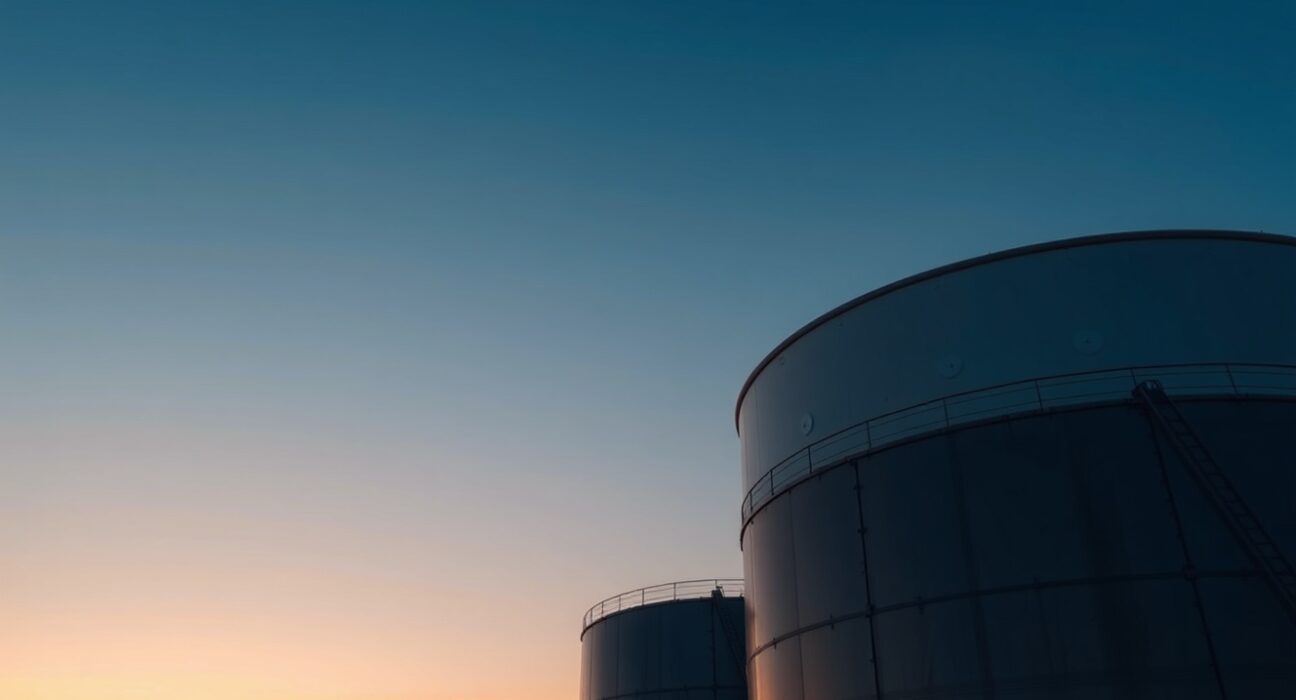 Crude oil storage tanks at dusk, representing oil market positioning data.