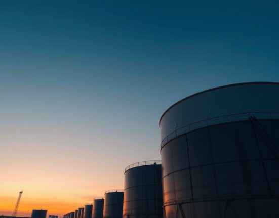 Crude oil storage tanks at dusk, representing oil market positioning data.