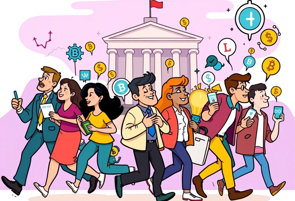 A cartoon illustration showing the CFTC crypto sprint, depicting regulators and digital assets moving towards a regulated future.