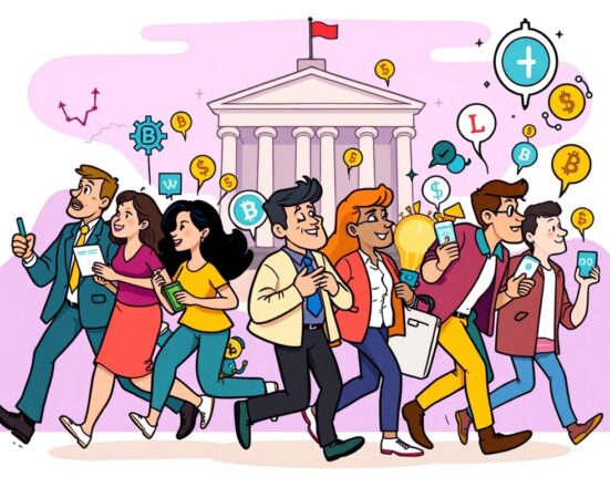 A cartoon illustration showing the CFTC crypto sprint, depicting regulators and digital assets moving towards a regulated future.