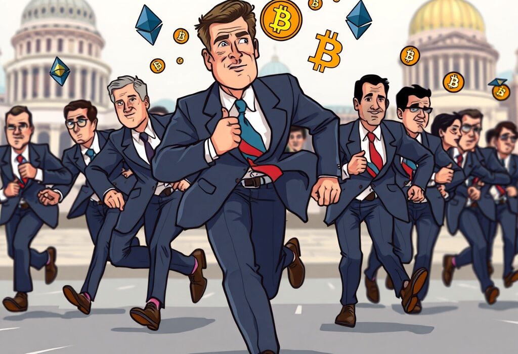 A cartoon depicting the CFTC crypto sprint, showing regulators moving swiftly to shape US digital asset policy.