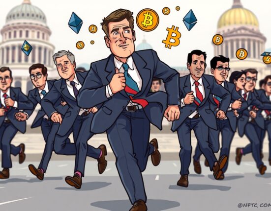 A cartoon depicting the CFTC crypto sprint, showing regulators moving swiftly to shape US digital asset policy.
