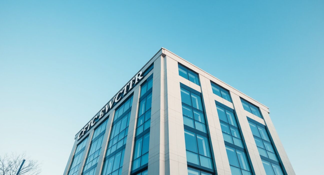 Exterior view of the CFTC headquarters building in Washington D.C. under clear sky.