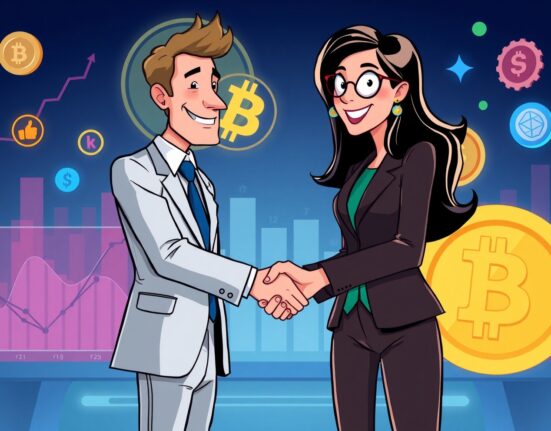 Two financial professionals shaking hands, symbolizing new leadership for CFTC digital asset markets regulation.