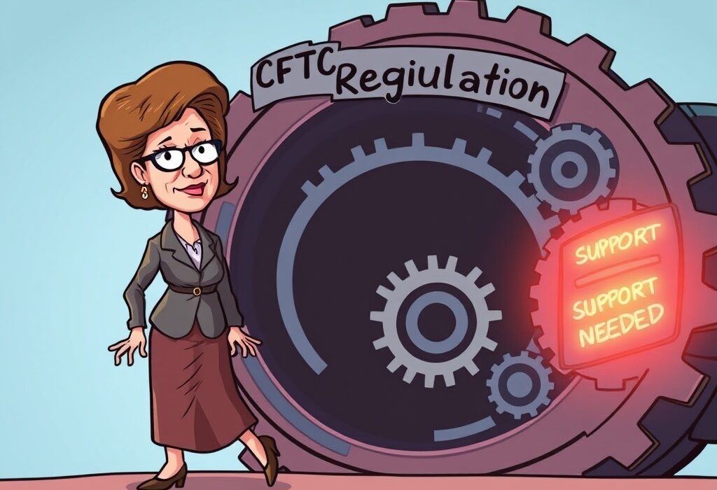 A cartoon illustration symbolizing the future of CFTC digital asset regulation following Commissioner Kristin Johnson's departure and her call for enhanced oversight.