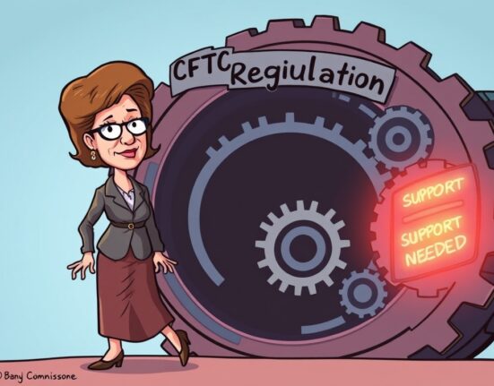A cartoon illustration symbolizing the future of CFTC digital asset regulation following Commissioner Kristin Johnson's departure and her call for enhanced oversight.