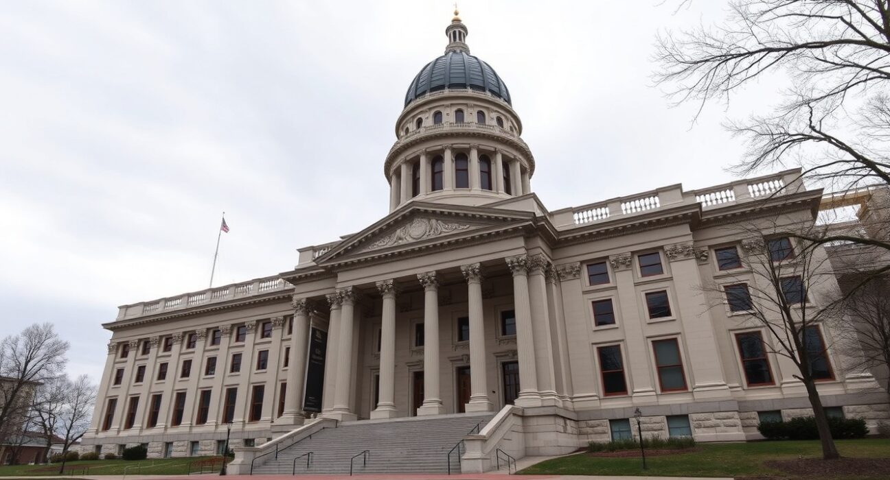 Exterior of the Minnesota State Capitol building in St. Paul under overcast sky