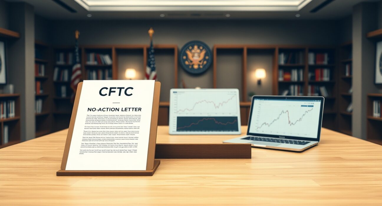 CFTC no-action letter on a desk with laptop showing market data