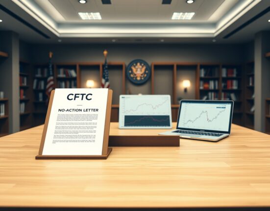CFTC no-action letter on a desk with laptop showing market data