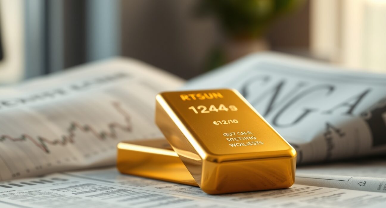 Gold bullion bar on financial newspaper with market chart in background