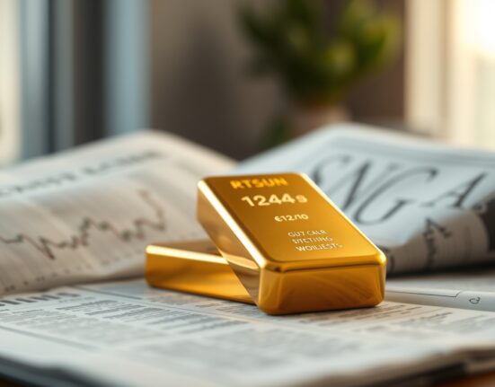 Gold bullion bar on financial newspaper with market chart in background