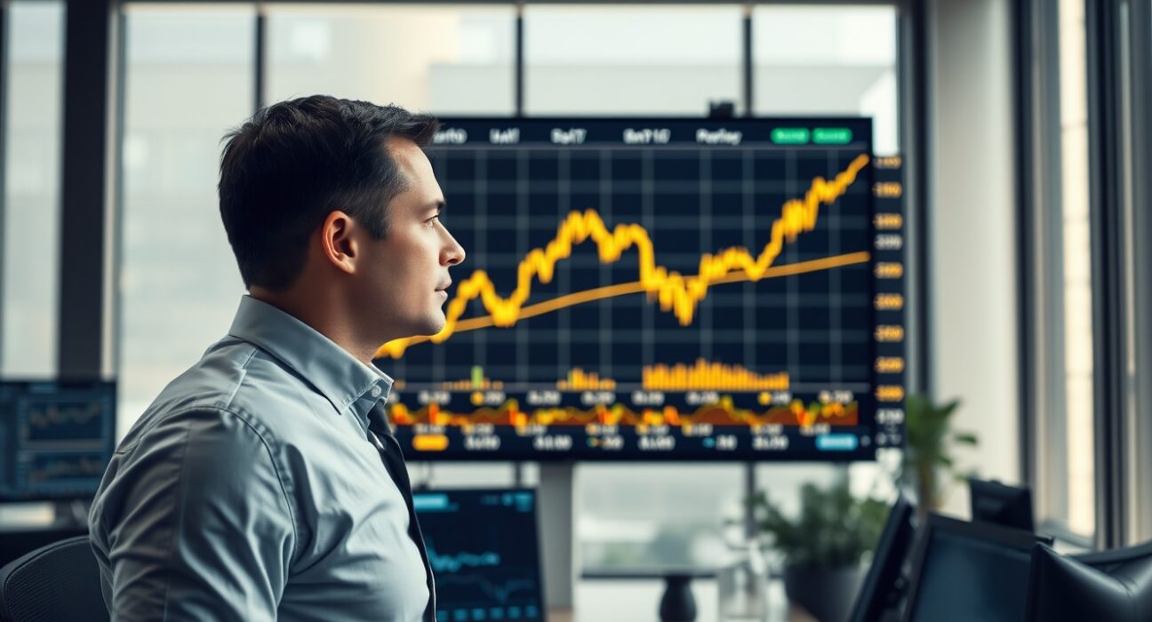 Analyst reviewing gold price chart on screen in trading office