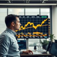 Analyst reviewing gold price chart on screen in trading office