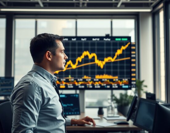 Analyst reviewing gold price chart on screen in trading office