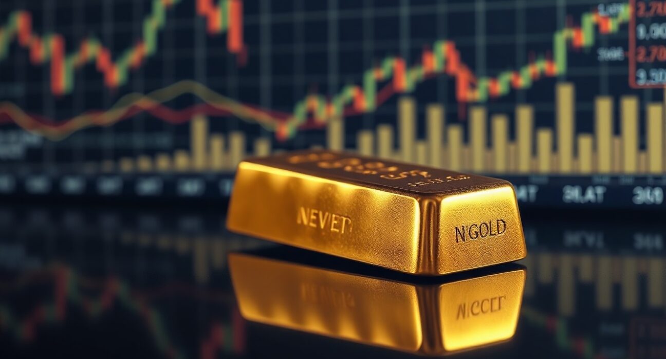 Gold bullion bar on reflective surface with blurred financial chart background