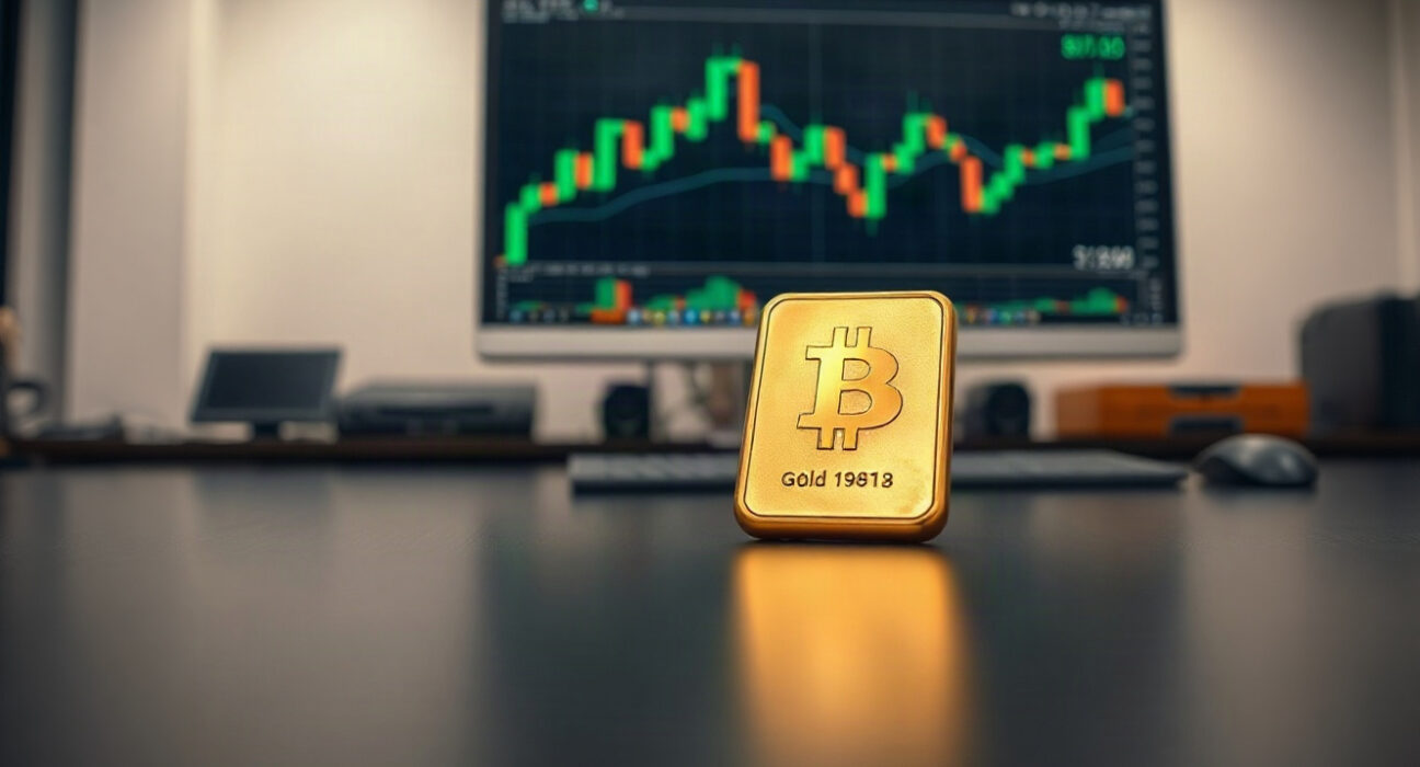 Gold bullion bar on a trading desk with a financial chart in the background