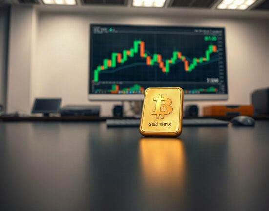 Gold bullion bar on a trading desk with a financial chart in the background