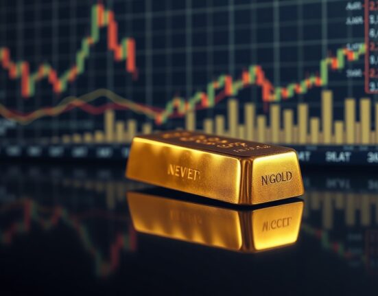 Gold bullion bar on reflective surface with blurred financial chart background