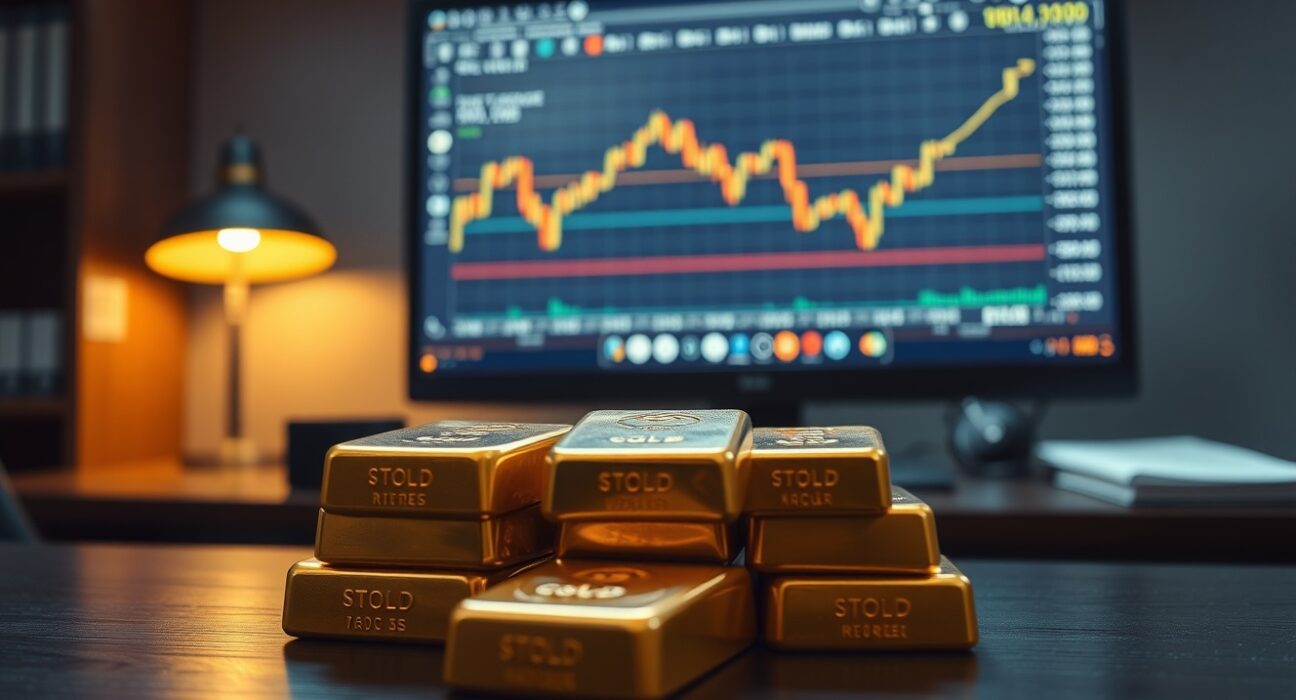 Gold bullion bars on desk with financial chart on monitor in background