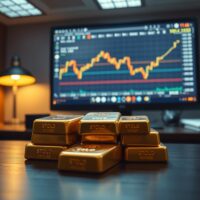 Gold bullion bars on desk with financial chart on monitor in background