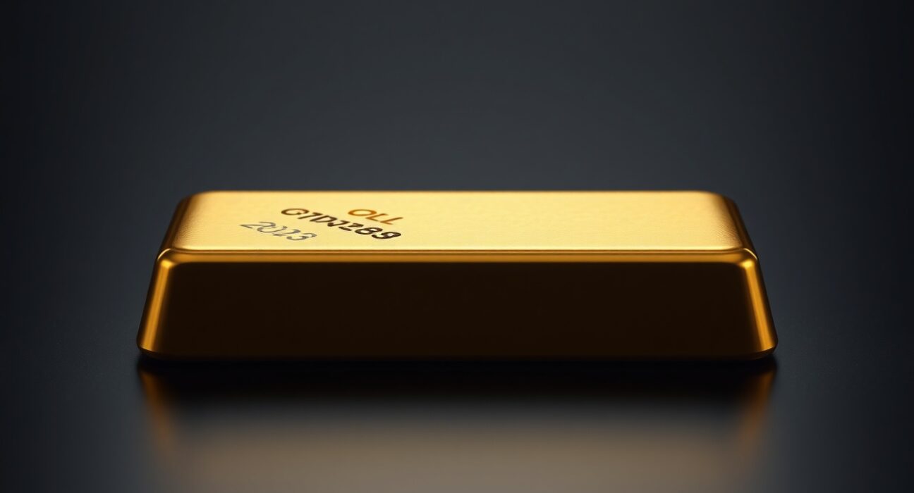 Close-up of a polished gold bar on a dark reflective surface with soft lighting.