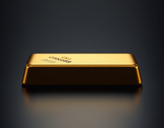 Close-up of a polished gold bar on a dark reflective surface with soft lighting.