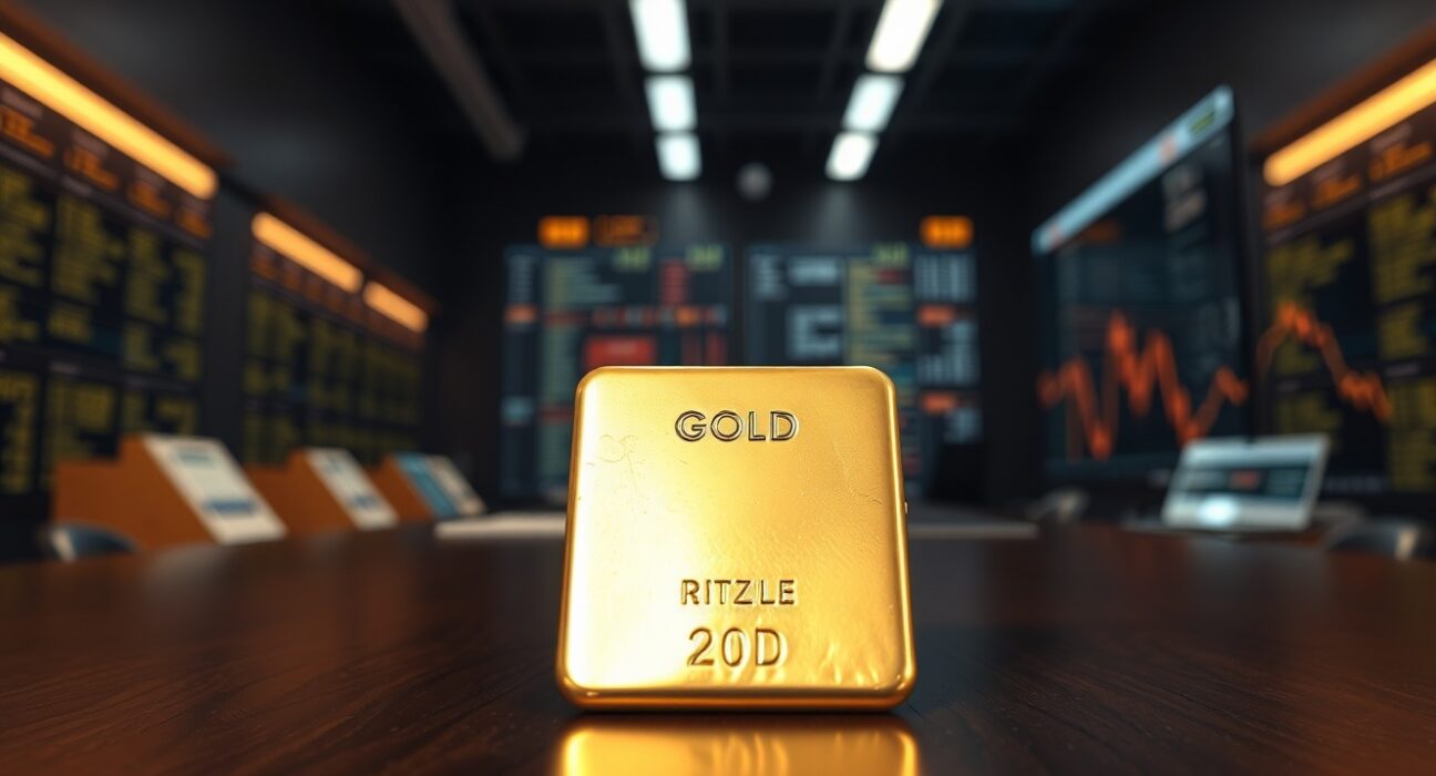 Gold bar on dark surface with soft lighting representing precious metals market